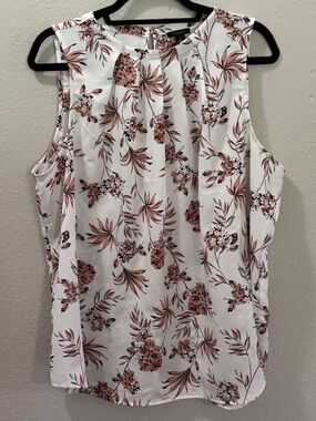Ann Taylor Factory White Pink Floral Lightweight Sleeveless Blouse Size XL
